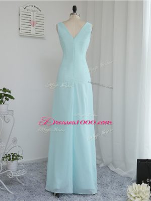 Aqua Blue Empire V-neck Sleeveless Chiffon Floor Length Zipper Ruching Vestidos de Damas