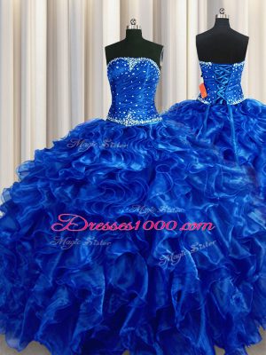 Royal Blue Organza Lace Up Sweet 16 Dresses Sleeveless Floor Length Beading and Ruffles