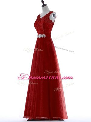 Exceptional Floor Length Red Evening Party Dresses V-neck Short Sleeves Zipper