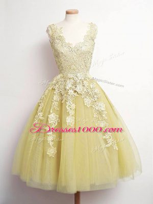 V-neck Sleeveless Lace Up Dama Dress for Quinceanera Gold Tulle