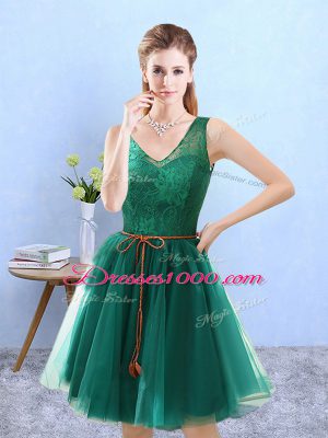 Customized Green A-line Tulle V-neck Sleeveless Lace Knee Length Backless Bridesmaids Dress