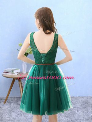 Customized Green A-line Tulle V-neck Sleeveless Lace Knee Length Backless Bridesmaids Dress