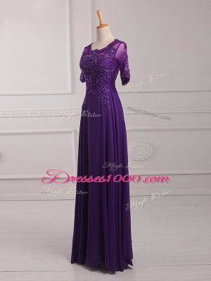 Super Floor Length Purple Mother of the Bride Dress Scoop Half Sleeves Zipper