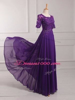 Super Floor Length Purple Mother of the Bride Dress Scoop Half Sleeves Zipper