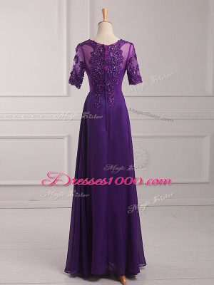 Super Floor Length Purple Mother of the Bride Dress Scoop Half Sleeves Zipper