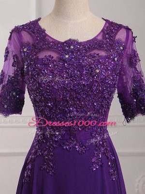 Super Floor Length Purple Mother of the Bride Dress Scoop Half Sleeves Zipper