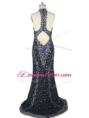 Top Selling Halter Top Sleeveless Tulle Prom Party Dress Beading Brush Train Zipper