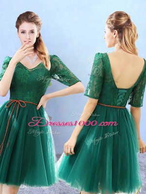 V-neck Half Sleeves Backless Vestidos de Damas Green Tulle