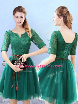 V-neck Half Sleeves Backless Vestidos de Damas Green Tulle