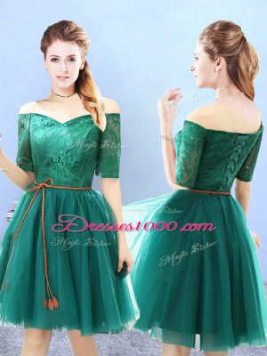 V-neck Half Sleeves Backless Vestidos de Damas Green Tulle