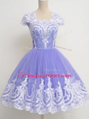 Lavender Square Neckline Lace Wedding Guest Dresses Cap Sleeves Zipper
