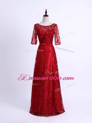 Exquisite Half Sleeves Tulle Lace Up Mother of Bride Dresses in Red with Lace