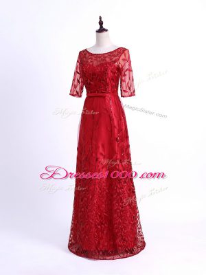 Exquisite Half Sleeves Tulle Lace Up Mother of Bride Dresses in Red with Lace