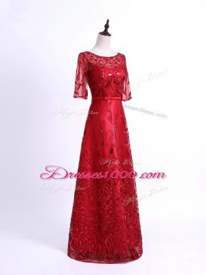 Exquisite Half Sleeves Tulle Lace Up Mother of Bride Dresses in Red with Lace