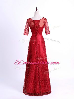 Exquisite Half Sleeves Tulle Lace Up Mother of Bride Dresses in Red with Lace