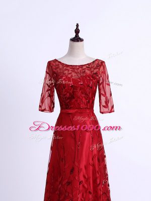 Exquisite Half Sleeves Tulle Lace Up Mother of Bride Dresses in Red with Lace