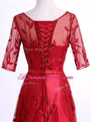 Exquisite Half Sleeves Tulle Lace Up Mother of Bride Dresses in Red with Lace