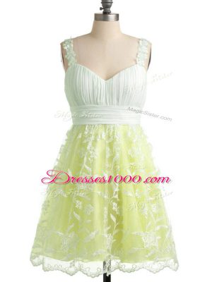 Yellow Sleeveless Knee Length Lace Lace Up Wedding Guest Dresses