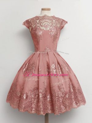 Wonderful Knee Length Pink Bridesmaid Dress Tulle Cap Sleeves Lace