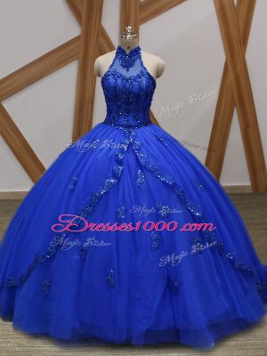 Halter Top Sleeveless Sweet 16 Quinceanera Dress Brush Train Appliques Royal Blue Tulle