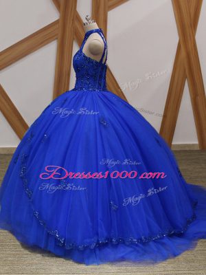 Halter Top Sleeveless Sweet 16 Quinceanera Dress Brush Train Appliques Royal Blue Tulle