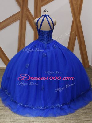 Halter Top Sleeveless Sweet 16 Quinceanera Dress Brush Train Appliques Royal Blue Tulle