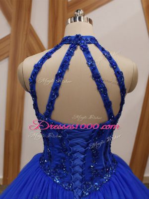 Halter Top Sleeveless Sweet 16 Quinceanera Dress Brush Train Appliques Royal Blue Tulle