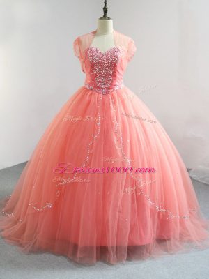 Modern Floor Length Watermelon Red Sweet 16 Quinceanera Dress V-neck Sleeveless Lace Up
