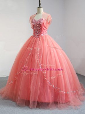 Modern Floor Length Watermelon Red Sweet 16 Quinceanera Dress V-neck Sleeveless Lace Up