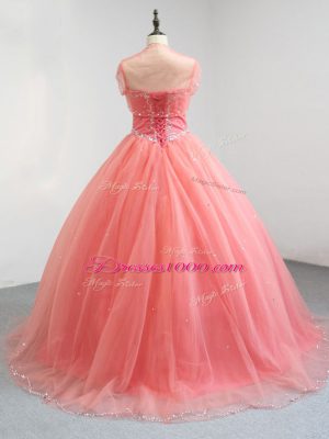 Modern Floor Length Watermelon Red Sweet 16 Quinceanera Dress V-neck Sleeveless Lace Up