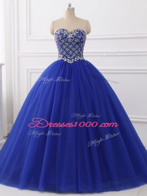 Sleeveless Floor Length Beading Lace Up Sweet 16 Quinceanera Dress with Royal Blue