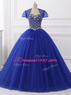 Sleeveless Floor Length Beading Lace Up Sweet 16 Quinceanera Dress with Royal Blue