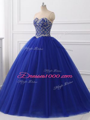 Sleeveless Floor Length Beading Lace Up Sweet 16 Quinceanera Dress with Royal Blue