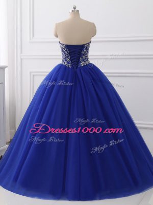 Sleeveless Floor Length Beading Lace Up Sweet 16 Quinceanera Dress with Royal Blue