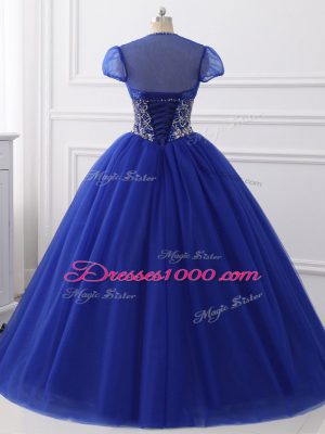 Sleeveless Floor Length Beading Lace Up Sweet 16 Quinceanera Dress with Royal Blue