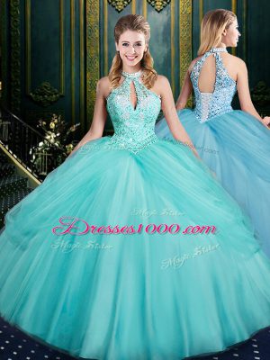 Beading and Pick Ups Quinceanera Gown Aqua Blue Lace Up Sleeveless Floor Length