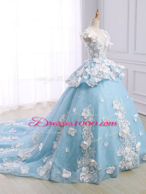 Discount Light Blue Ball Gowns Scoop Sleeveless Organza Court Train Lace Up Appliques Quinceanera Dress