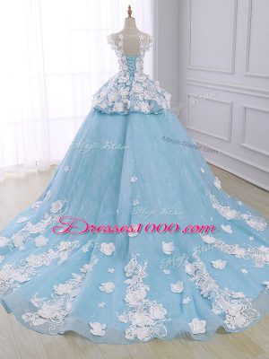 Discount Light Blue Ball Gowns Scoop Sleeveless Organza Court Train Lace Up Appliques Quinceanera Dress