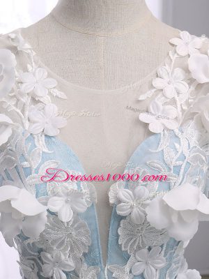 Discount Light Blue Ball Gowns Scoop Sleeveless Organza Court Train Lace Up Appliques Quinceanera Dress