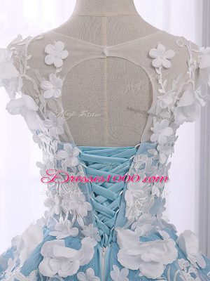 Discount Light Blue Ball Gowns Scoop Sleeveless Organza Court Train Lace Up Appliques Quinceanera Dress