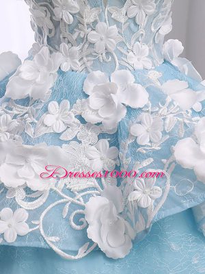Discount Light Blue Ball Gowns Scoop Sleeveless Organza Court Train Lace Up Appliques Quinceanera Dress