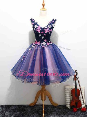 Organza V-neck Sleeveless Lace Up Lace and Appliques and Hand Made Flower Homecoming Dresses in Multi-color