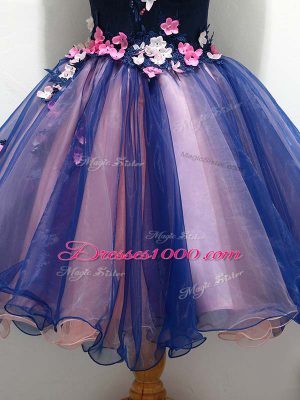 Organza V-neck Sleeveless Lace Up Lace and Appliques and Hand Made Flower Homecoming Dresses in Multi-color