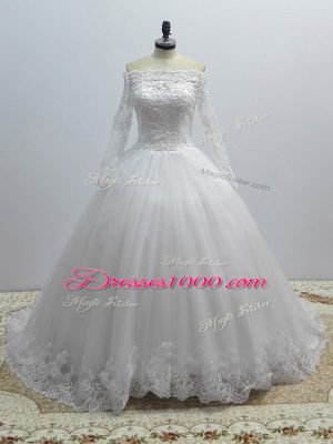 Flare Long Sleeves Lace Lace Up Bridal Gown with White Brush Train