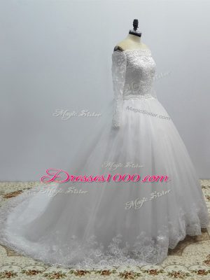 Flare Long Sleeves Lace Lace Up Bridal Gown with White Brush Train