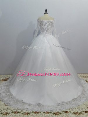 Flare Long Sleeves Lace Lace Up Bridal Gown with White Brush Train