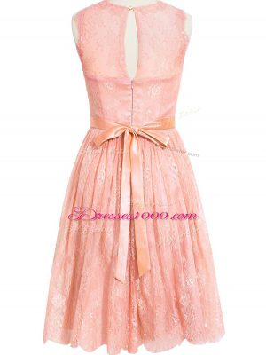 Amazing Peach Lace Zipper Scoop Sleeveless Knee Length Dama Dress Lace