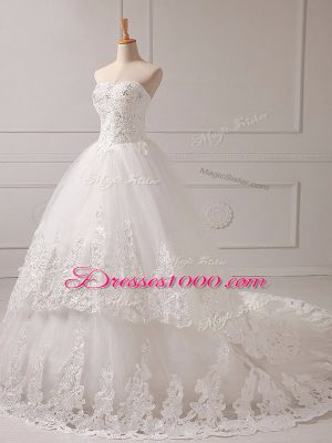 Ideal White Lace Up Wedding Dress Lace and Appliques Sleeveless Brush Train