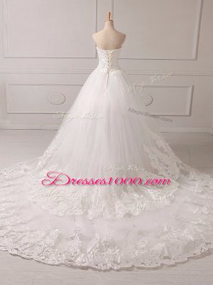 Ideal White Lace Up Wedding Dress Lace and Appliques Sleeveless Brush Train