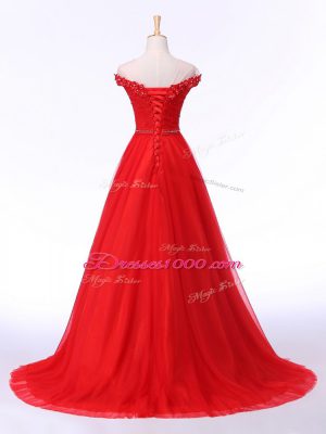 Spectacular Empire Sleeveless Red Formal Dresses Brush Train Lace Up